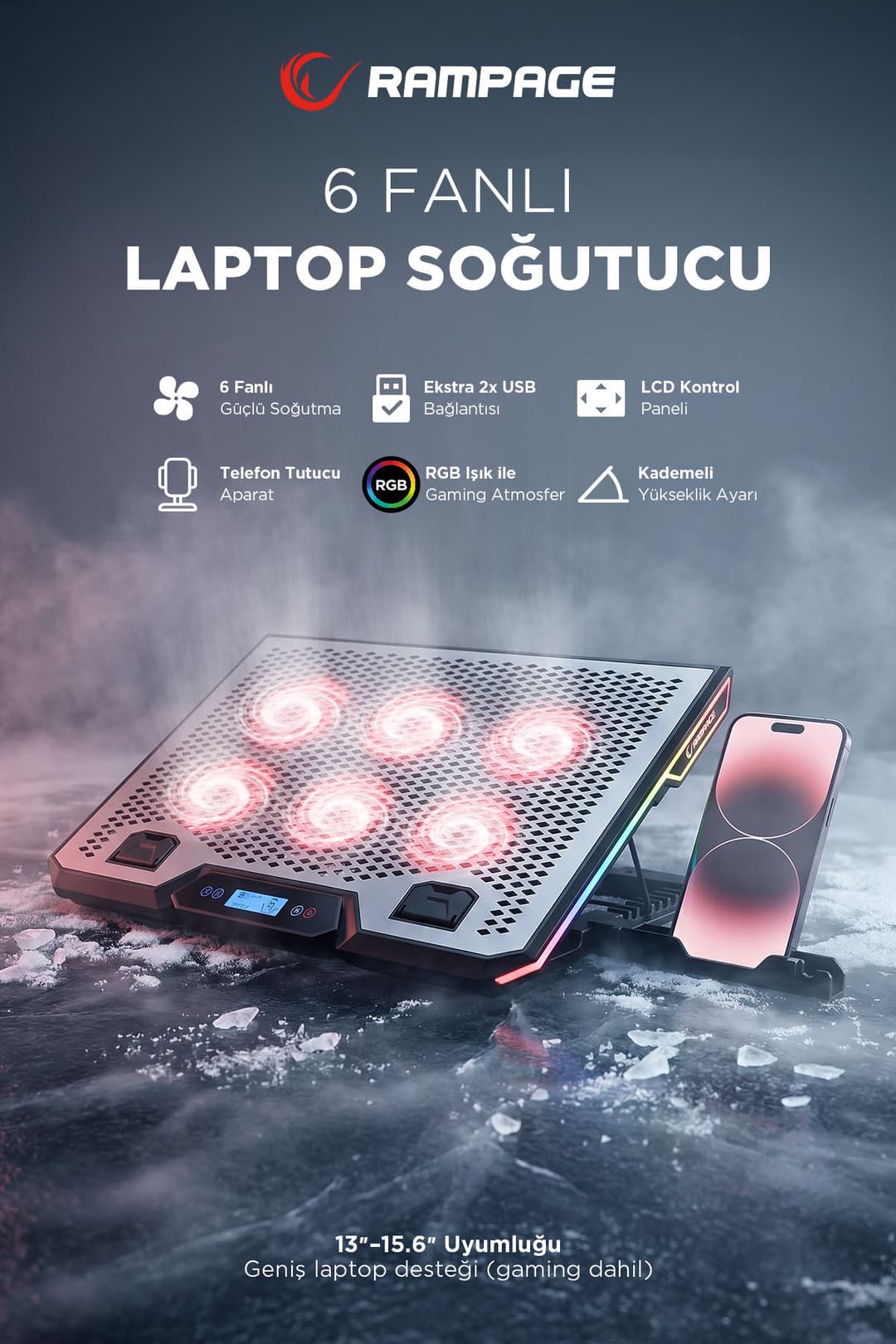 Rampage Blizzard R7 RGB Işıklı 6 Fanlı LCD Ekranlı 2 Usb Soketli 13-15.6 Notebook Soğutucu Stand - Fiyatı, Yorumları